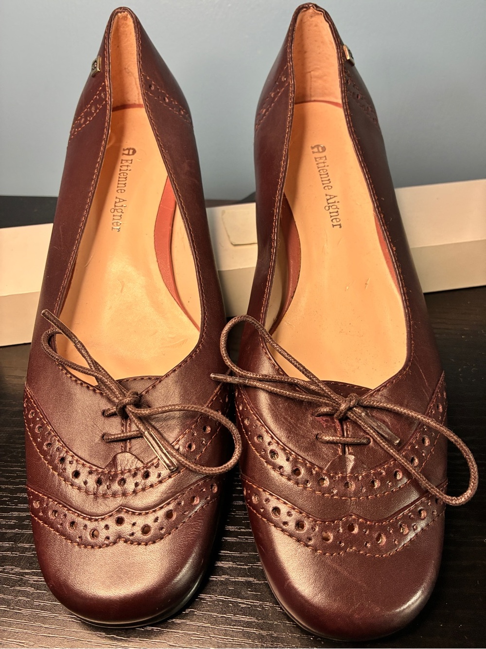 Etienne Aigner Vintage Brown Leather Brogue Kitten Heel Pump